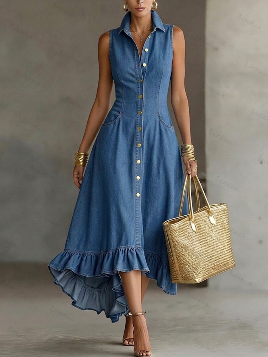 Elegant Lapel Button-front Denim Midi Dress