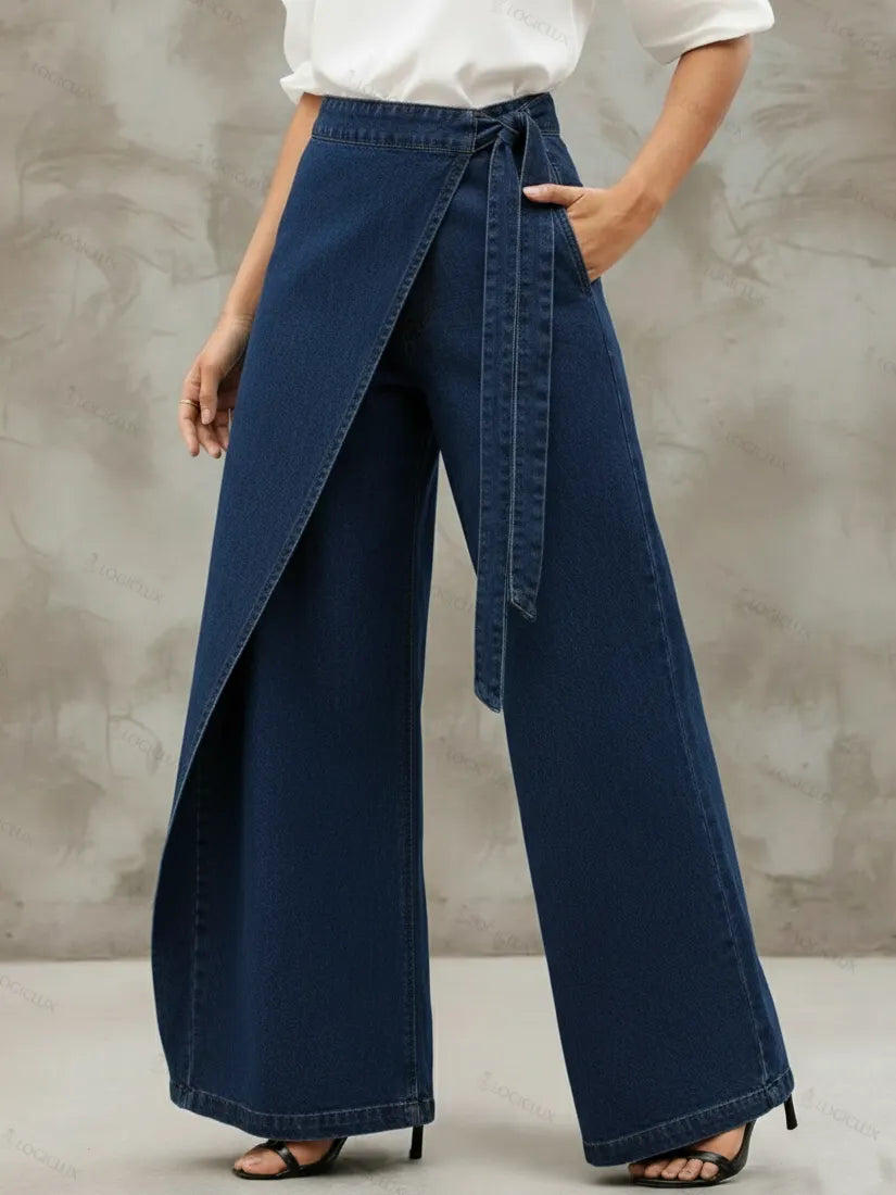 Stylish Elegant Wrap-around Faux Two-piece Denim Pants