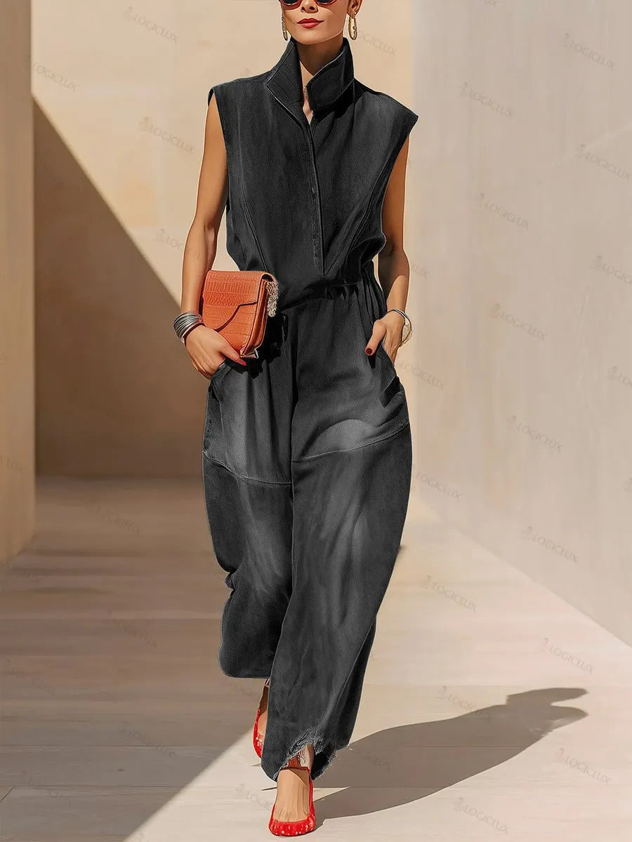Women's Stand-up Collar Sleeveless Casual Loose Denim Jumpsuit
