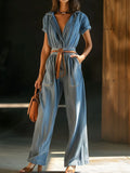 Women's V-Neck Retro Lace-Up Pocket Long-Sleeved Wide-Leg Denim Jumpsuit