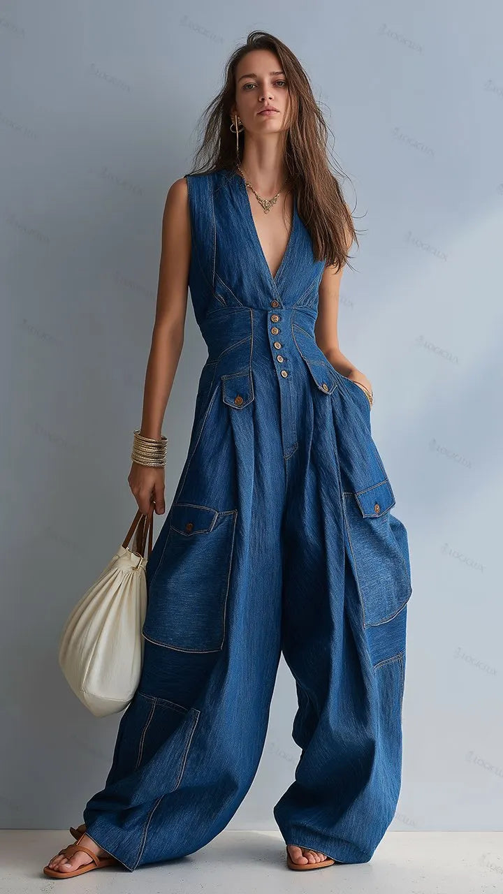 V-neck Sleeveless Denim Wide-leg Jumpsuit