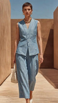 Women's V-neck Sleeveless Denim Vest and Wide-leg Pants Set
