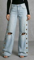 Womens High Waist Wide Leg Side Metal Buckle Ripped Jeans