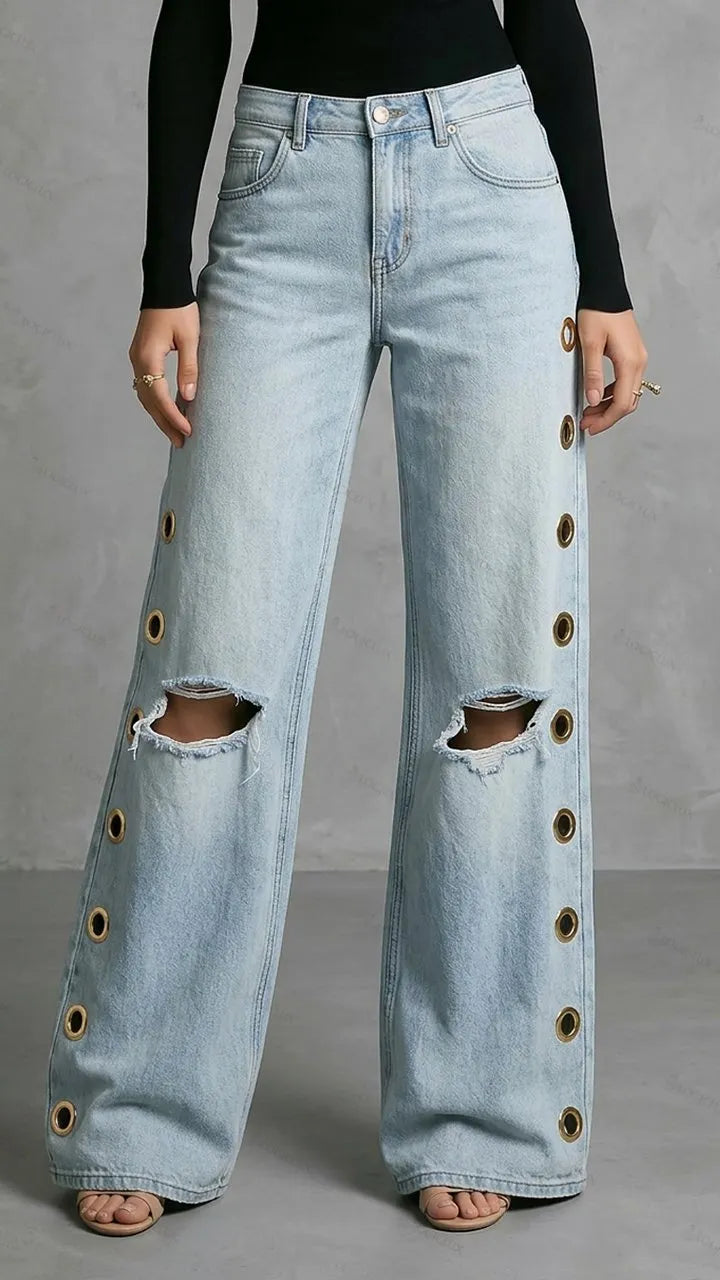 Womens High Waist Wide Leg Side Metal Buckle Ripped Jeans