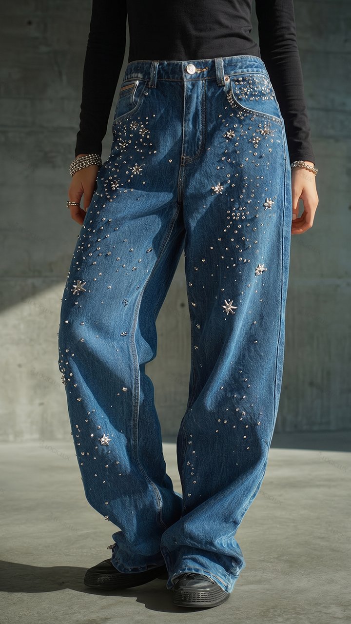 Womens Star Rhinestone Wide Leg Denim Pants