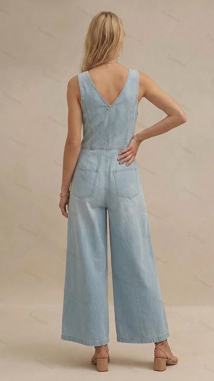 Womens Sleeveless V-neck Single-breasted Wide Leg Denim Jumpsuit