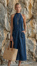 Women's High-neck Halter Denim Maxi Dress with Pockets