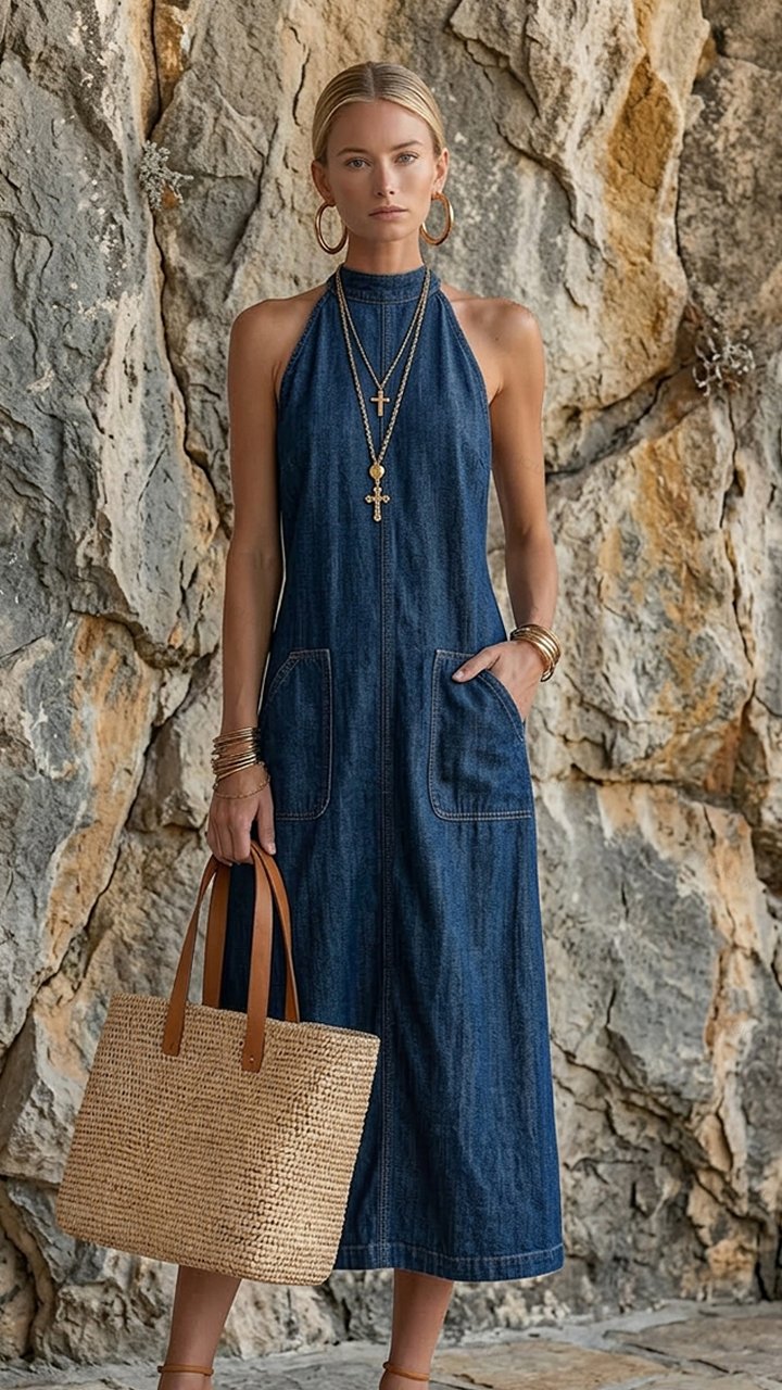 Women's High-neck Halter Denim Maxi Dress with Pockets