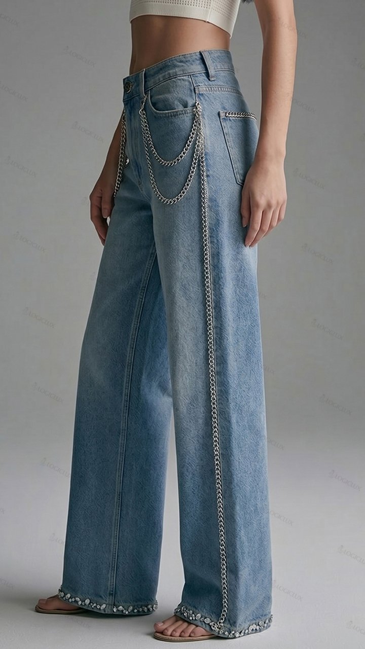 Womens High Waist Wide Leg Chain Decorated Jeans