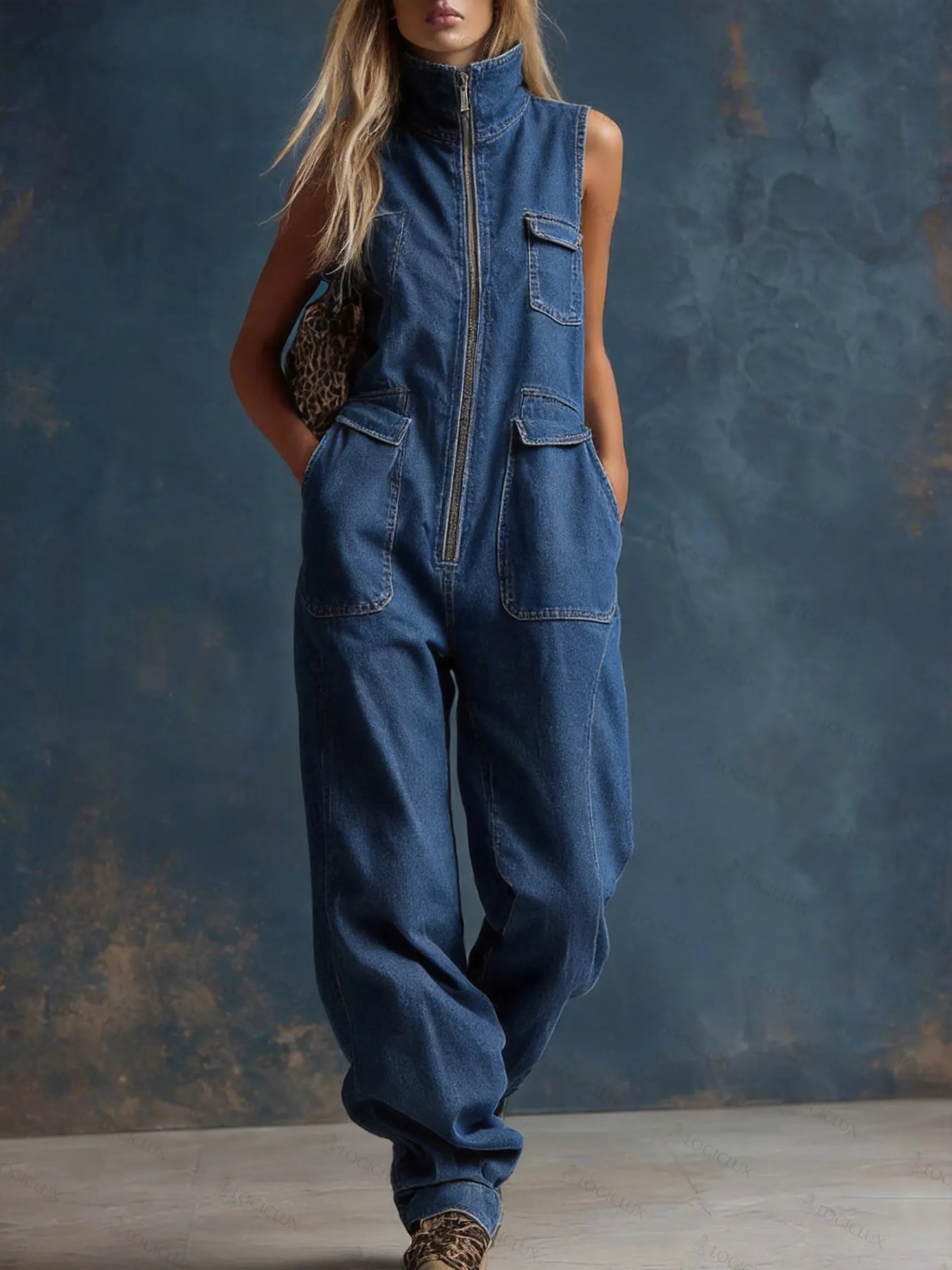 Stylish Silhouette White Denim Sleeveless Jumpsuit