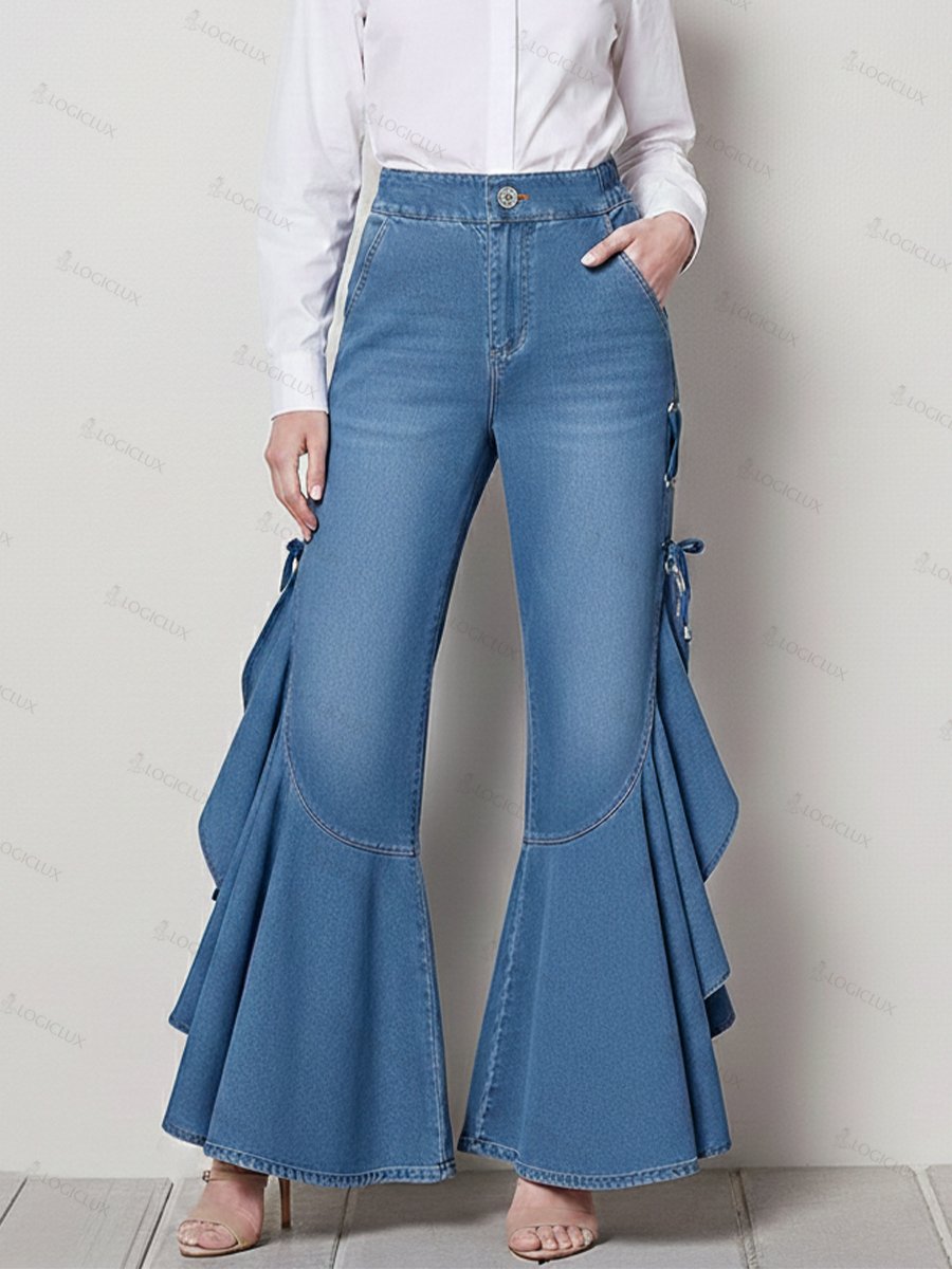 Elegant ruffled denim pants