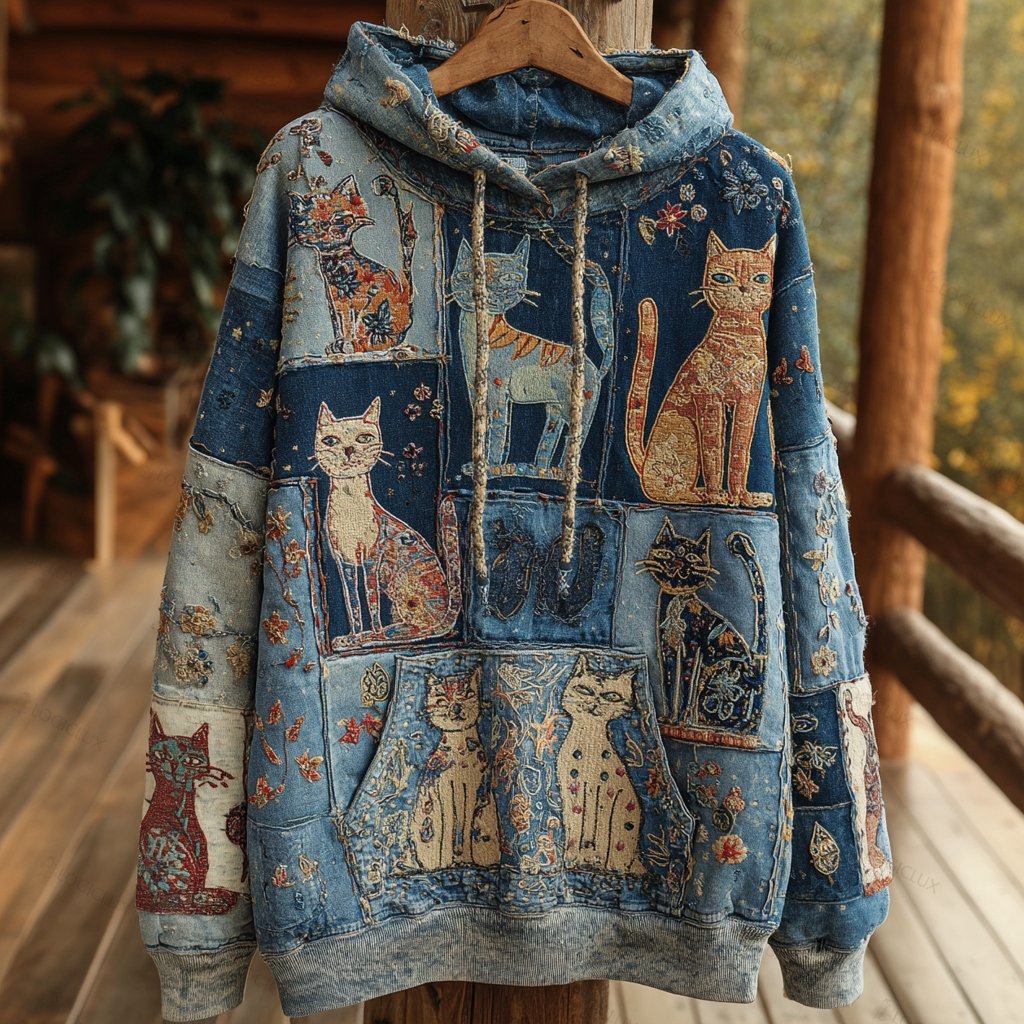 Denim Patchwork Cat Bohemian Floral Print Hoodie