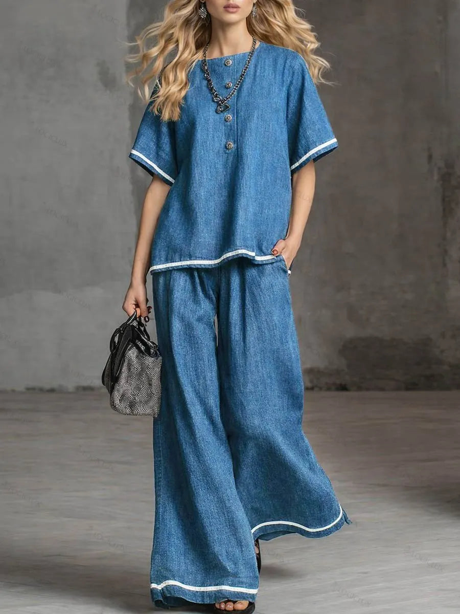 Women's Round Neck Short-sleeved Casual Loose Denim Top And High-waisted Wide-leg Denim Pants Set.