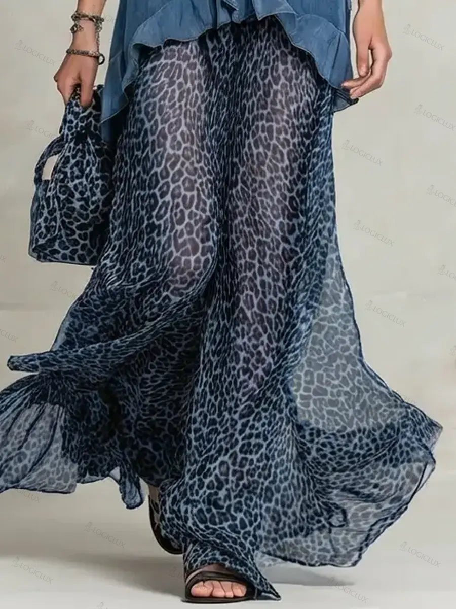 Women's Retro Lapel Denim Chiffon Patchwork Art Casual Long Dress