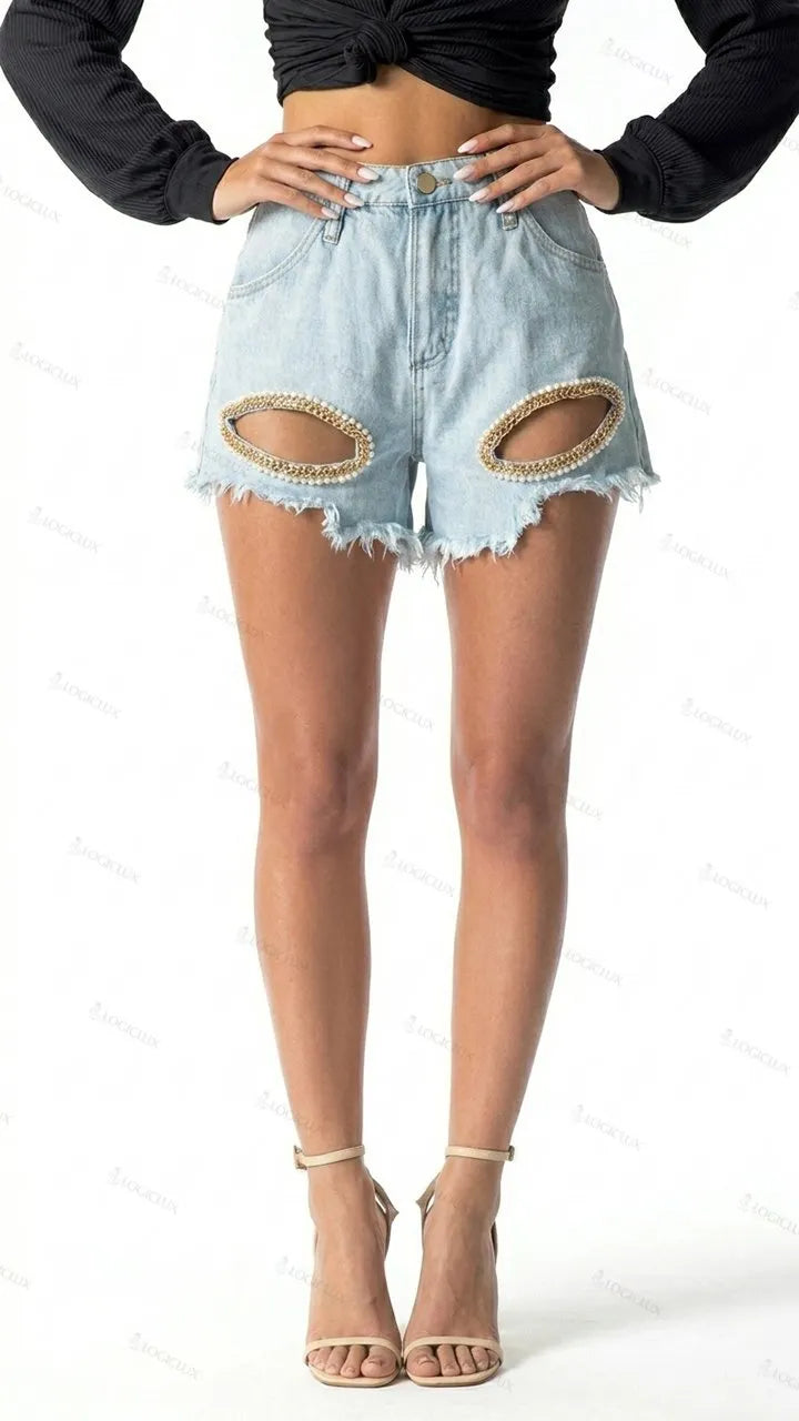 Womens High Waist Frayed Ripped Denim Shorts
