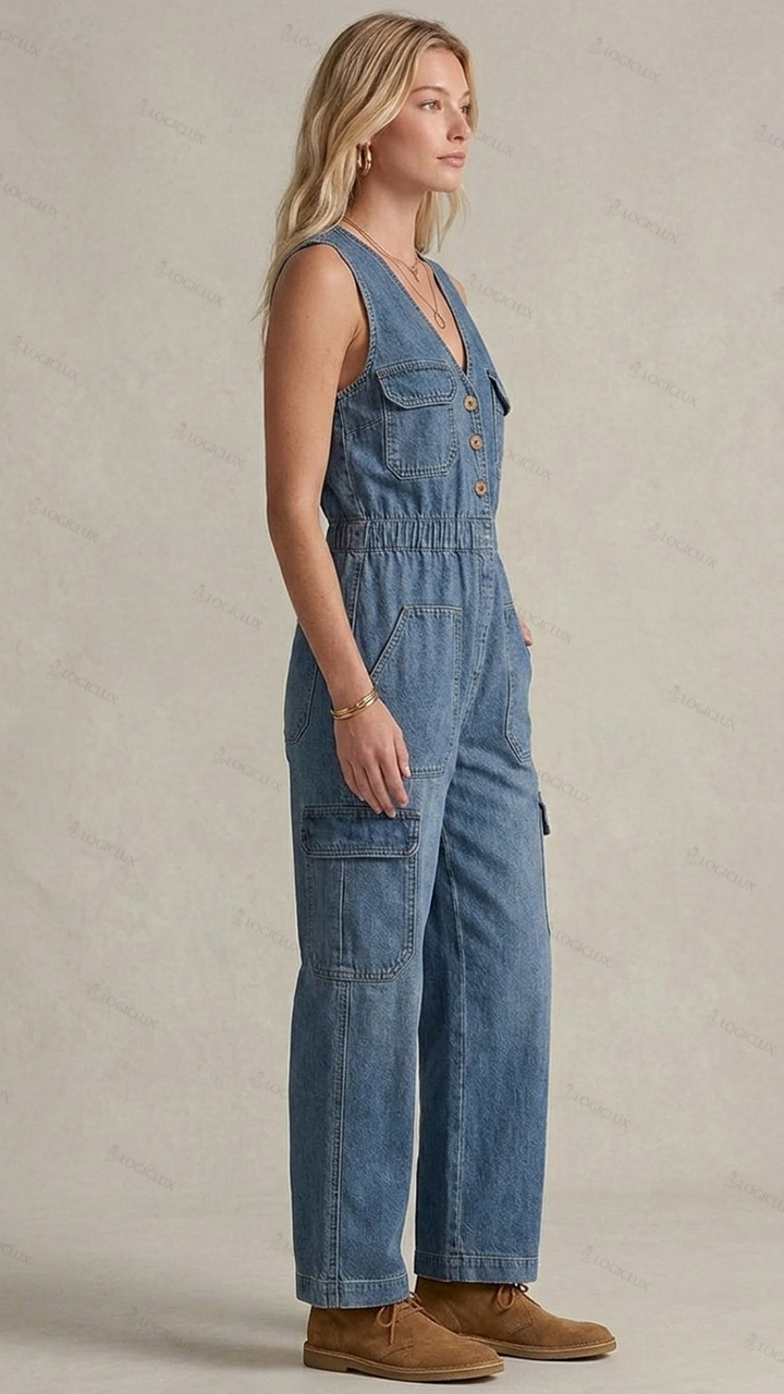 Womens Sleeveless V-neck Multi-pocket Drawstring Waist Denim Wide Leg Jumpsuit