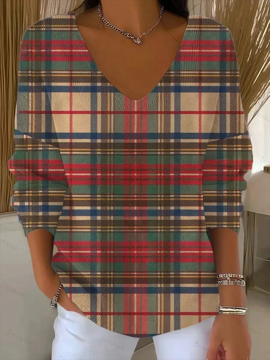 Women's Vintage Plaid Art Print Casual Sweater