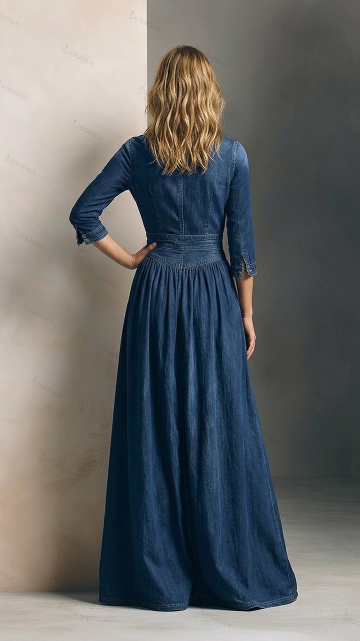 Women's V-neck Cinched-waist Denim Maxi Dress with Large Pockets