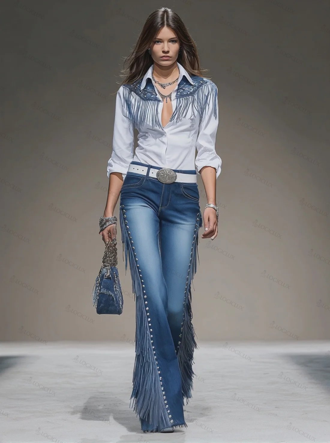 Western Blue Denim Side Tassel Rivet Flared Pants