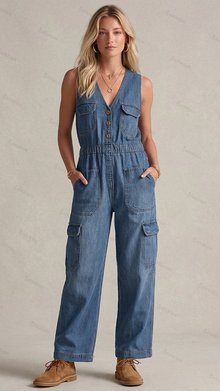 Womens Sleeveless V-neck Multi-pocket Drawstring Waist Denim Wide Leg Jumpsuit