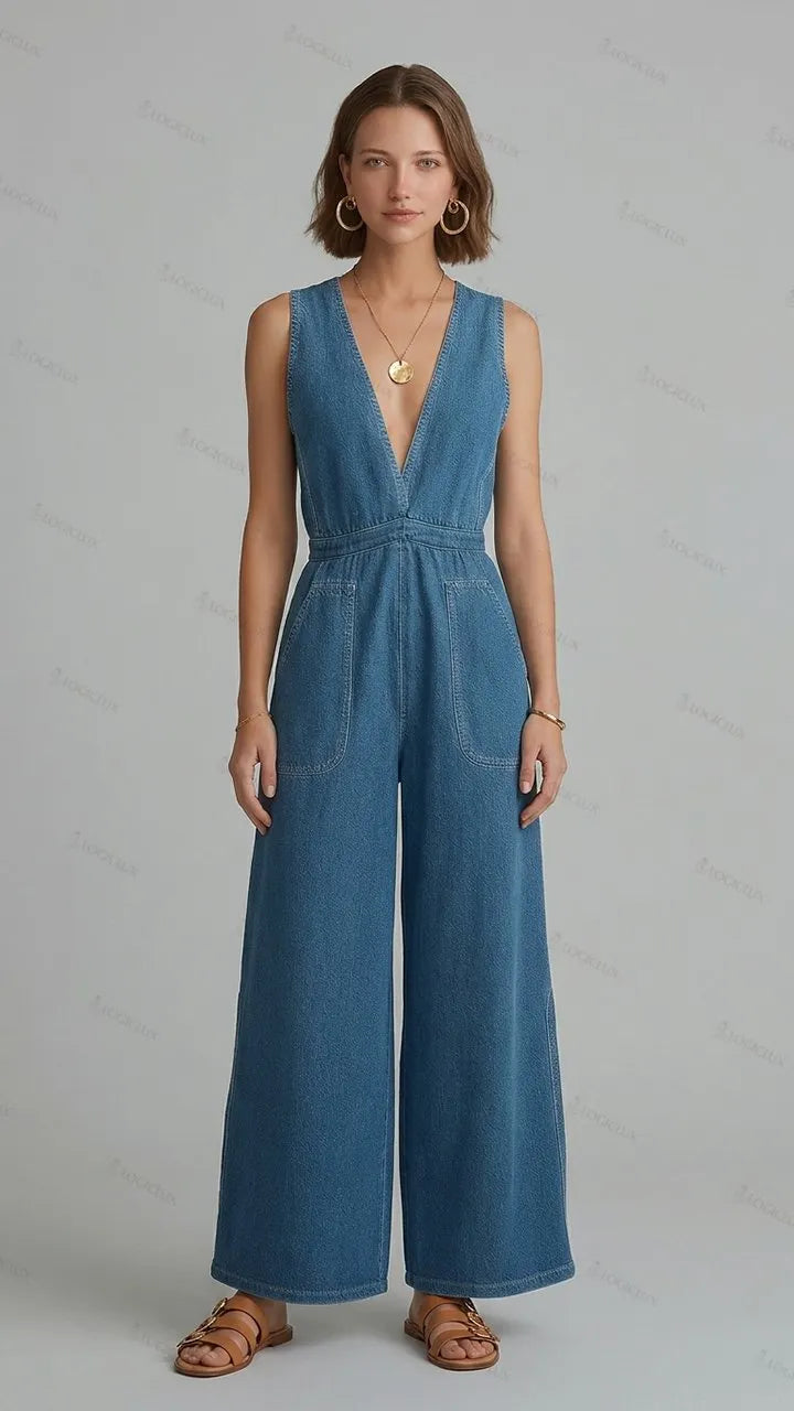 Womens Sleeveless Deep V-neck Fitted Denim Wide Leg Jumpsuit