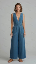Womens Sleeveless Deep V-neck Fitted Denim Wide Leg Jumpsuit