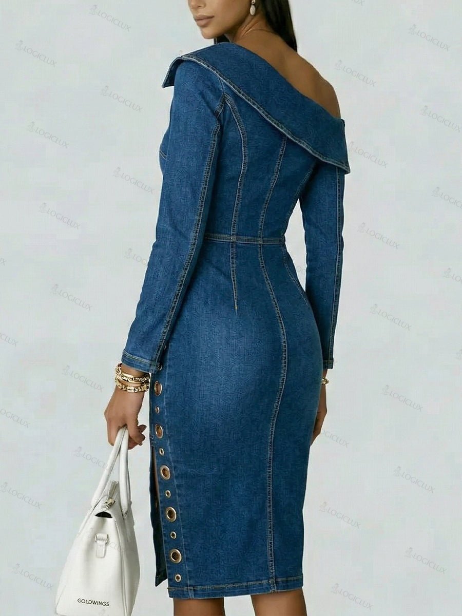 Stylish Off-shoulder Fitted Denim Dress