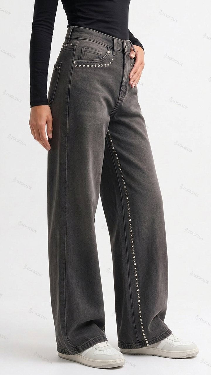 Womens Rivet Trimmed High Waisted Wide Leg Denim Pants