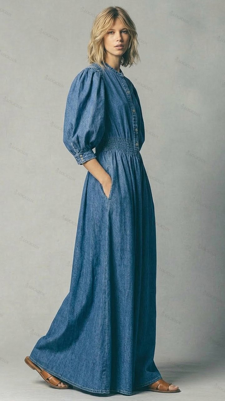 Women's Stand-collar Puff-sleeve Denim Maxi Dress
