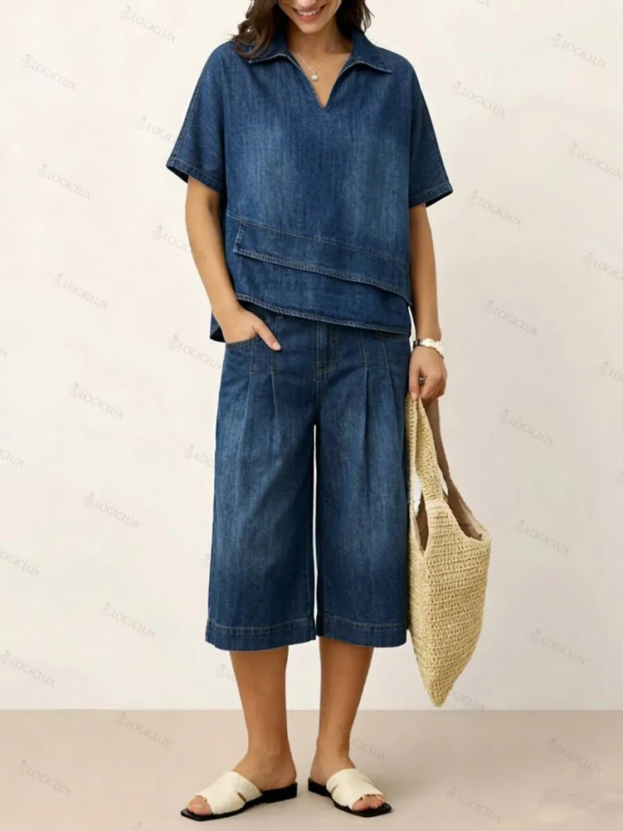 Women's V-neck Short-sleeved Casual Loose Denim Top And High-waisted Wide-leg Jeans Set