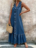 Women's Ruffled V-neck Sleeveless Loose-fitting Denim Dress