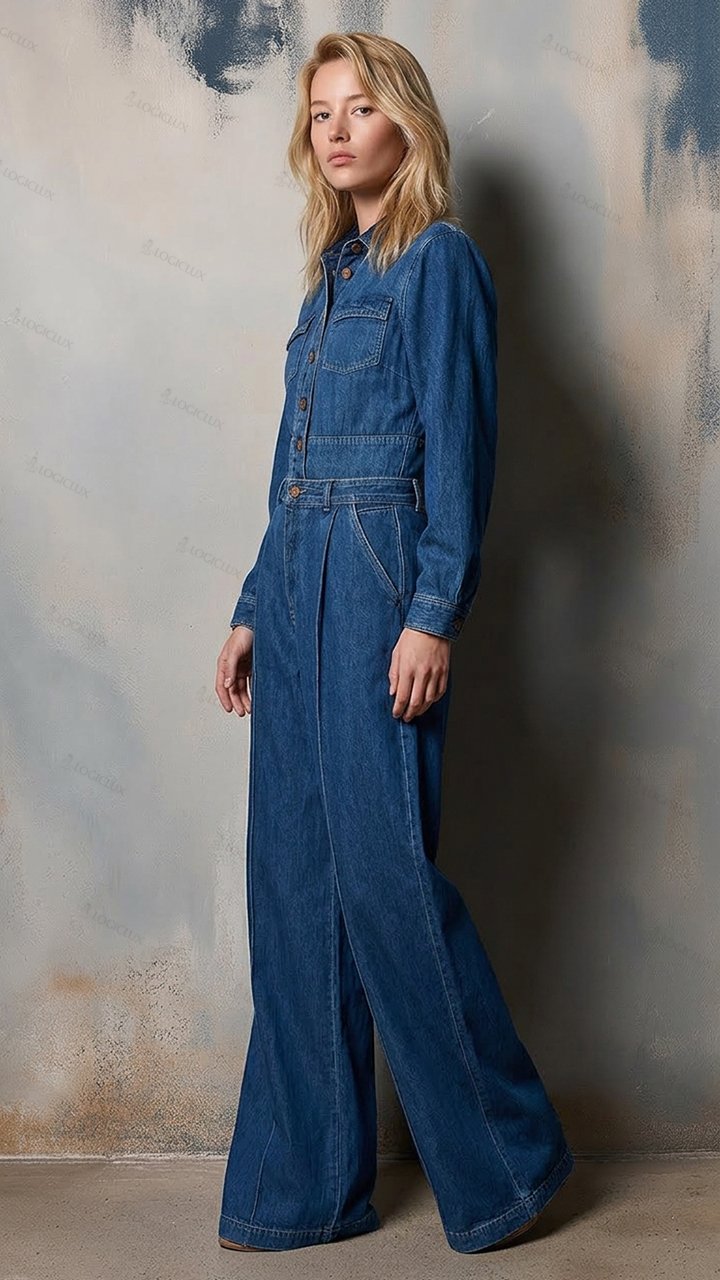 Women's Turn-down Collar Cinched-waist Denim Wide-leg Jumpsuit