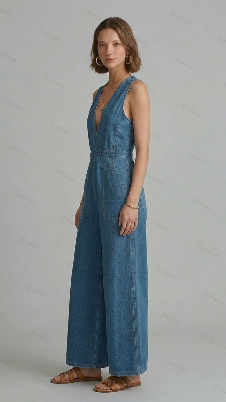 Womens Sleeveless Deep V-neck Fitted Denim Wide Leg Jumpsuit