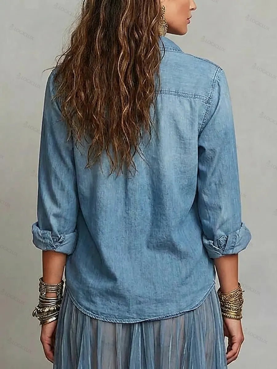 Women's Retro Lapel Art Casual Long Sleeve Denim Shirt