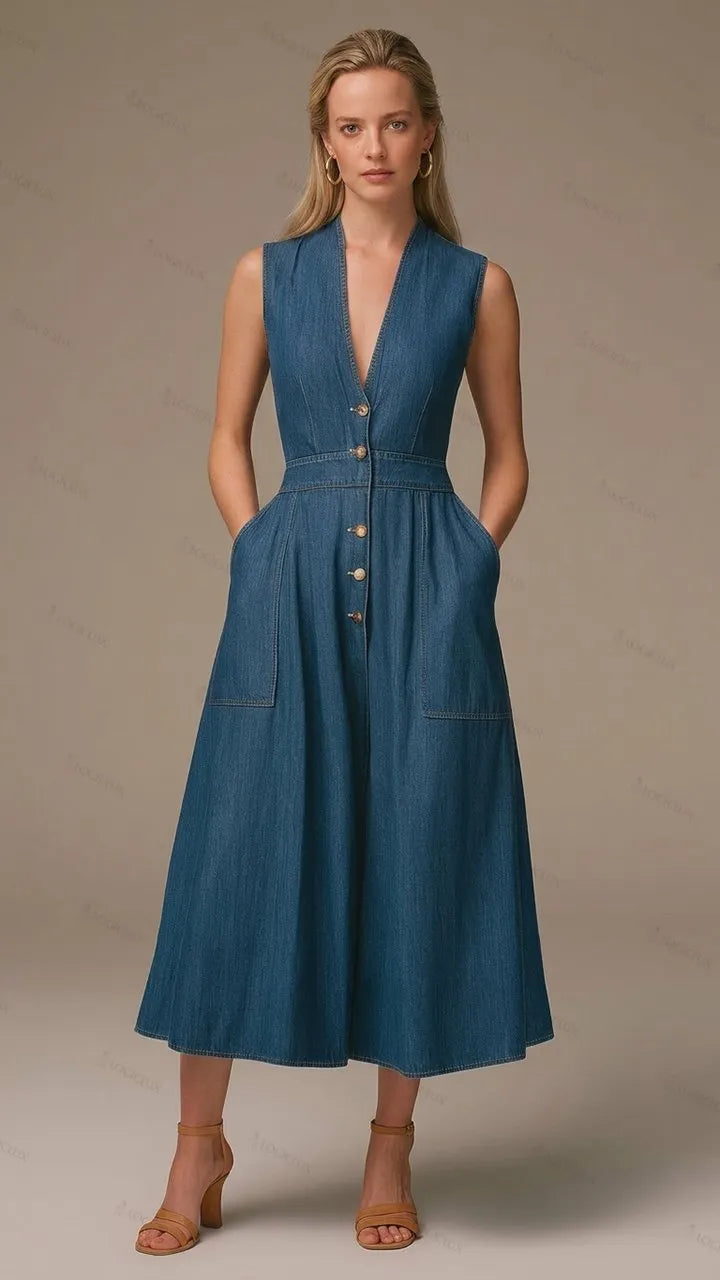 Womens Sleeveless V-neck Single-breasted Denim A-line Midi Dress