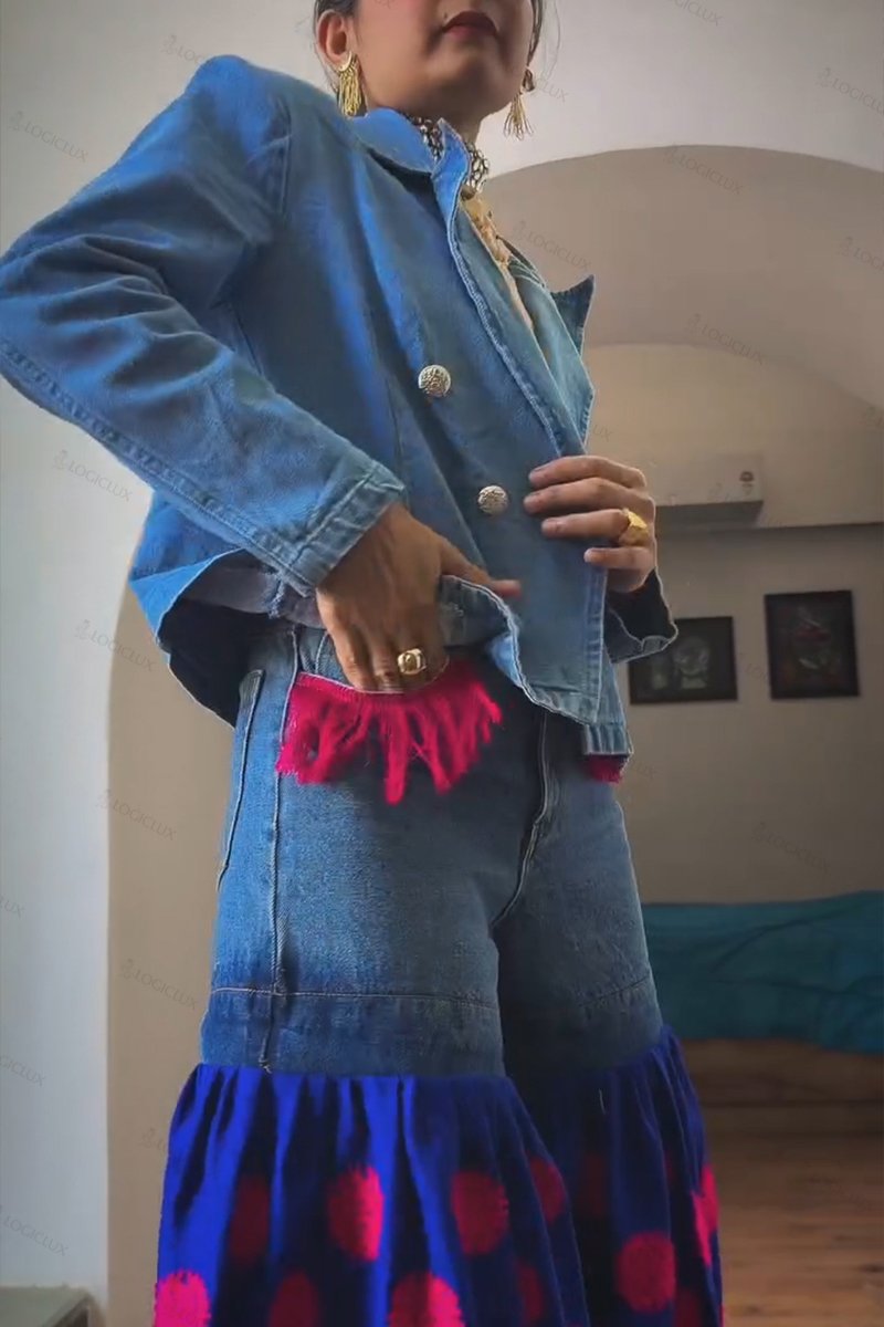 Women's Fashion Lapel Denim Blazer or Pattern Jeans