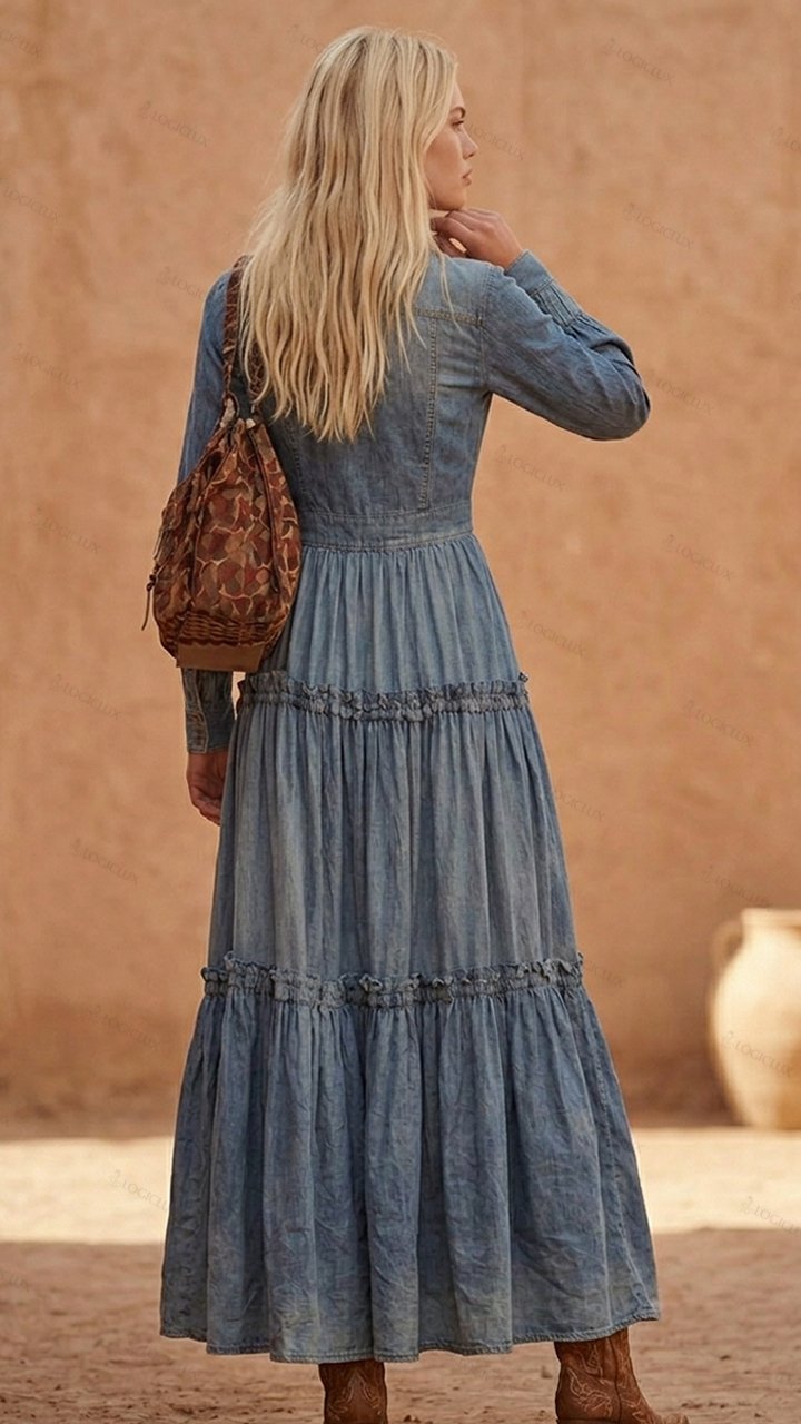 Women's Lace-up Cinched-waist Tiered Denim Maxi Dress