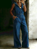Women's Sleeveless Wide-leg Denim Hooded Jumpsuit