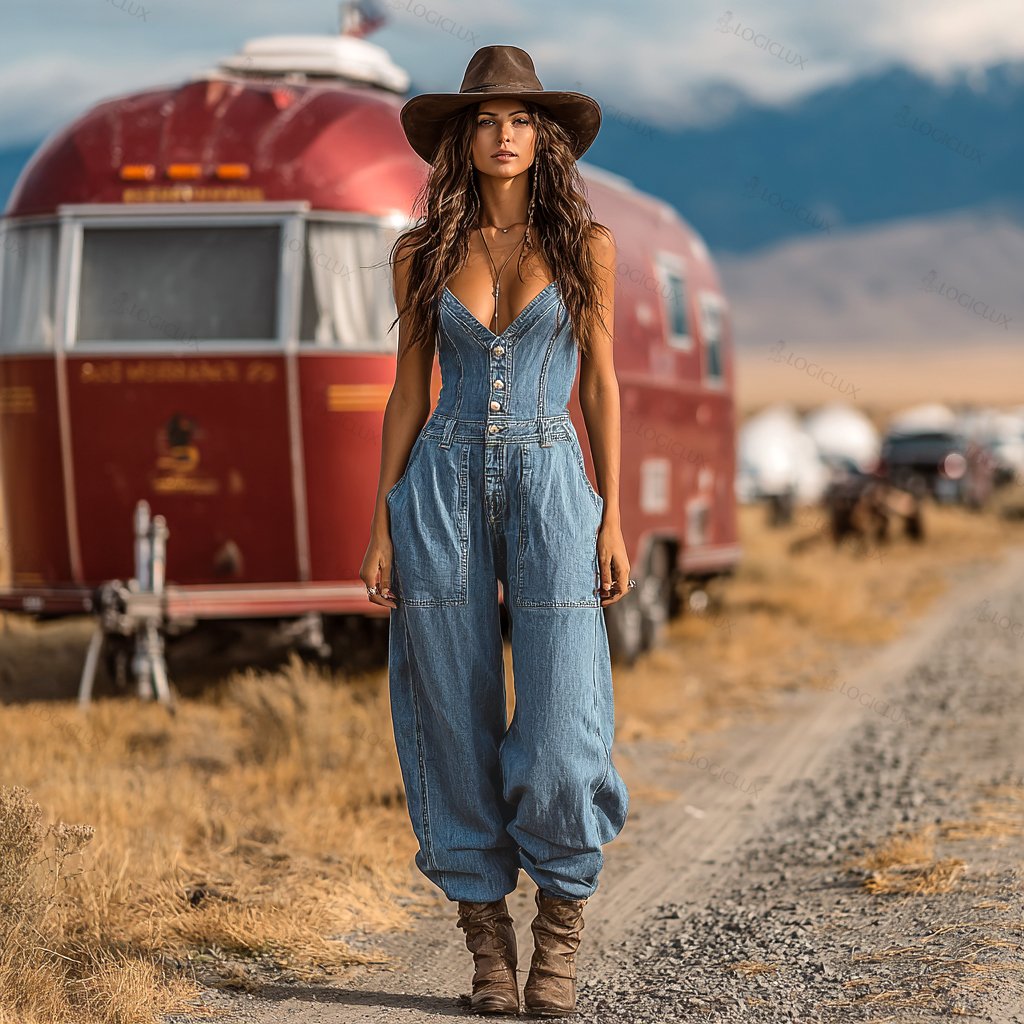 Women's Western Cowboy Style Outdoor Casual Denim Jumpsuit Trousers