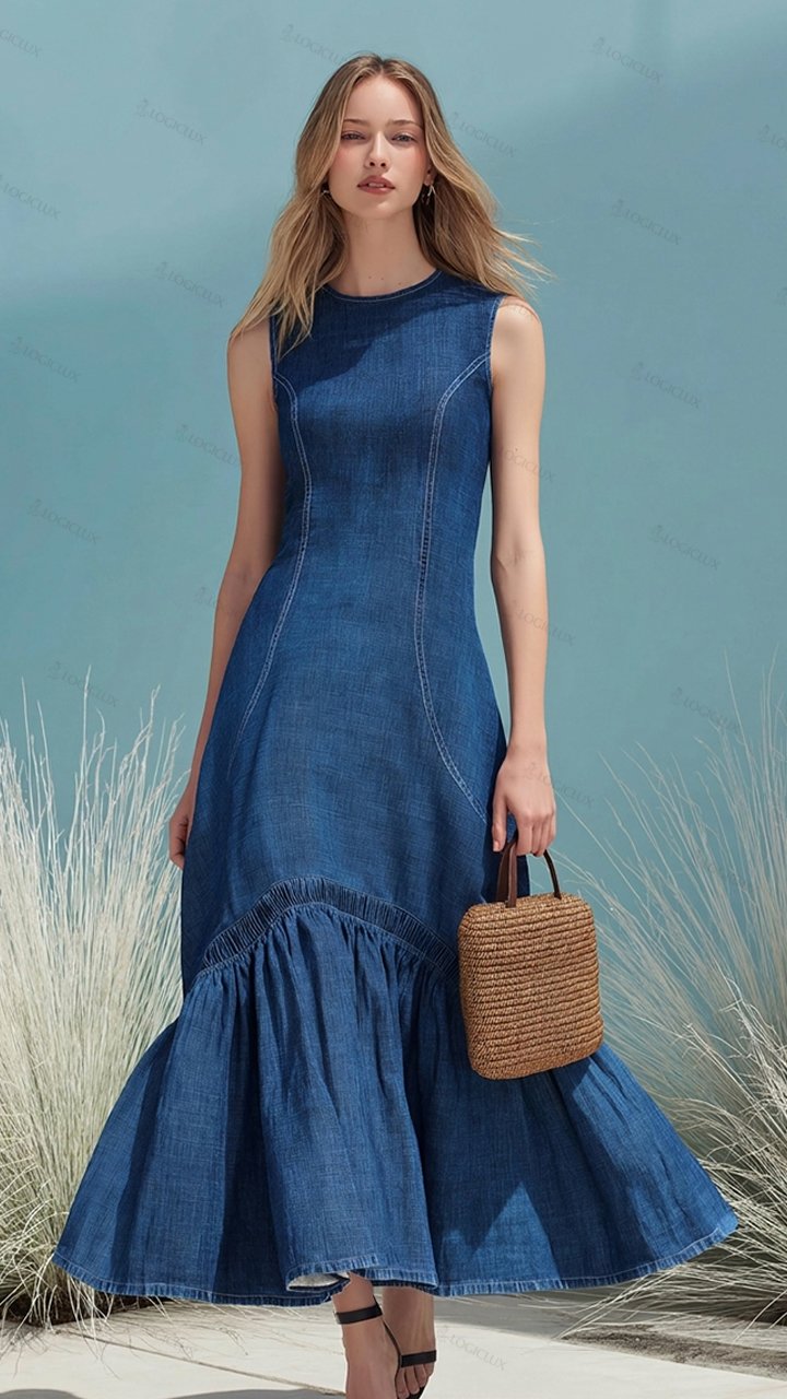 Women's Sleeveless Denim Ruffle Hem Long Dress
