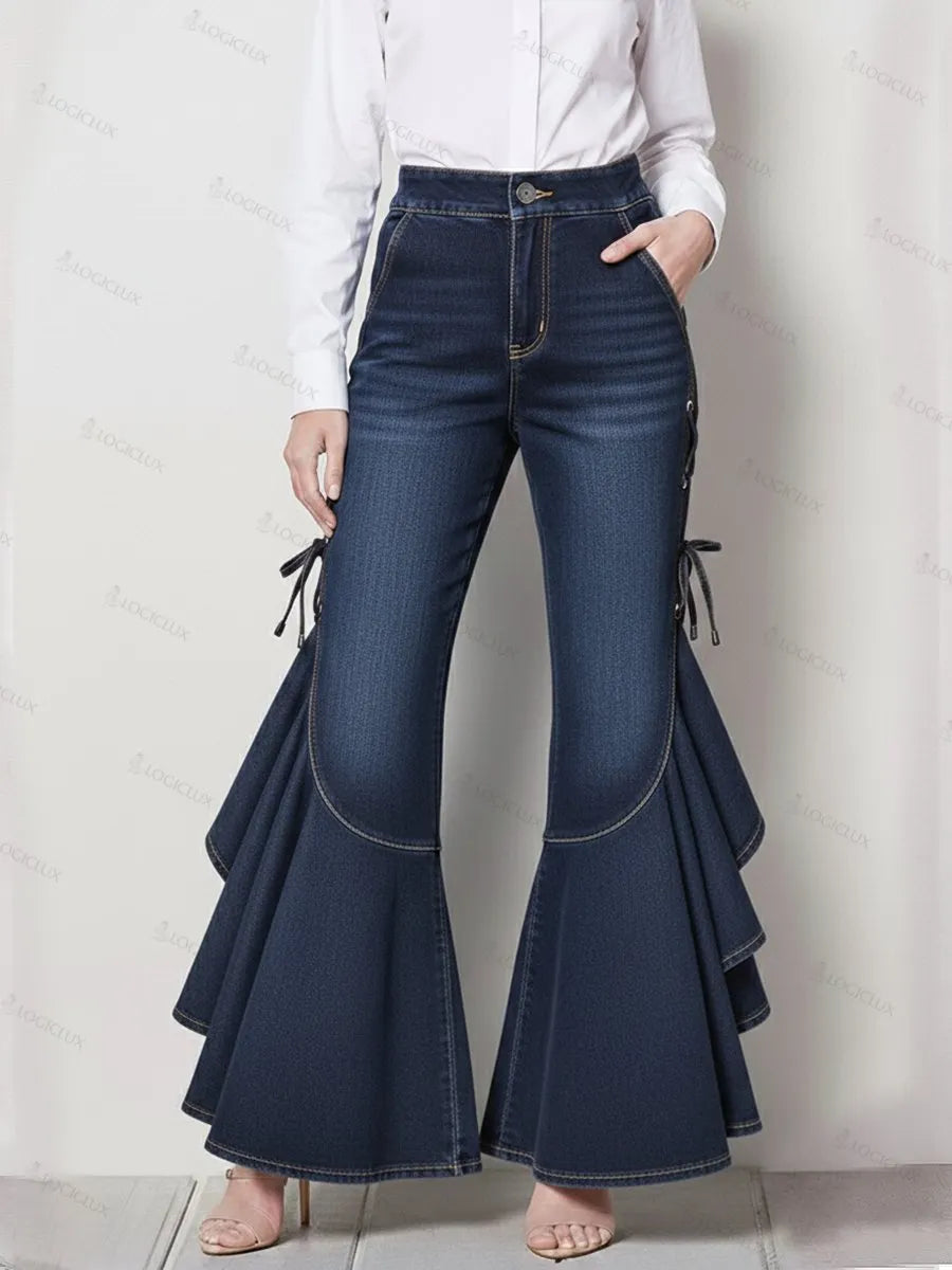 Elegant ruffled denim pants
