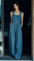 Women's Square-neck Sleeveless Denim Wide-leg Overall Jumpsuit