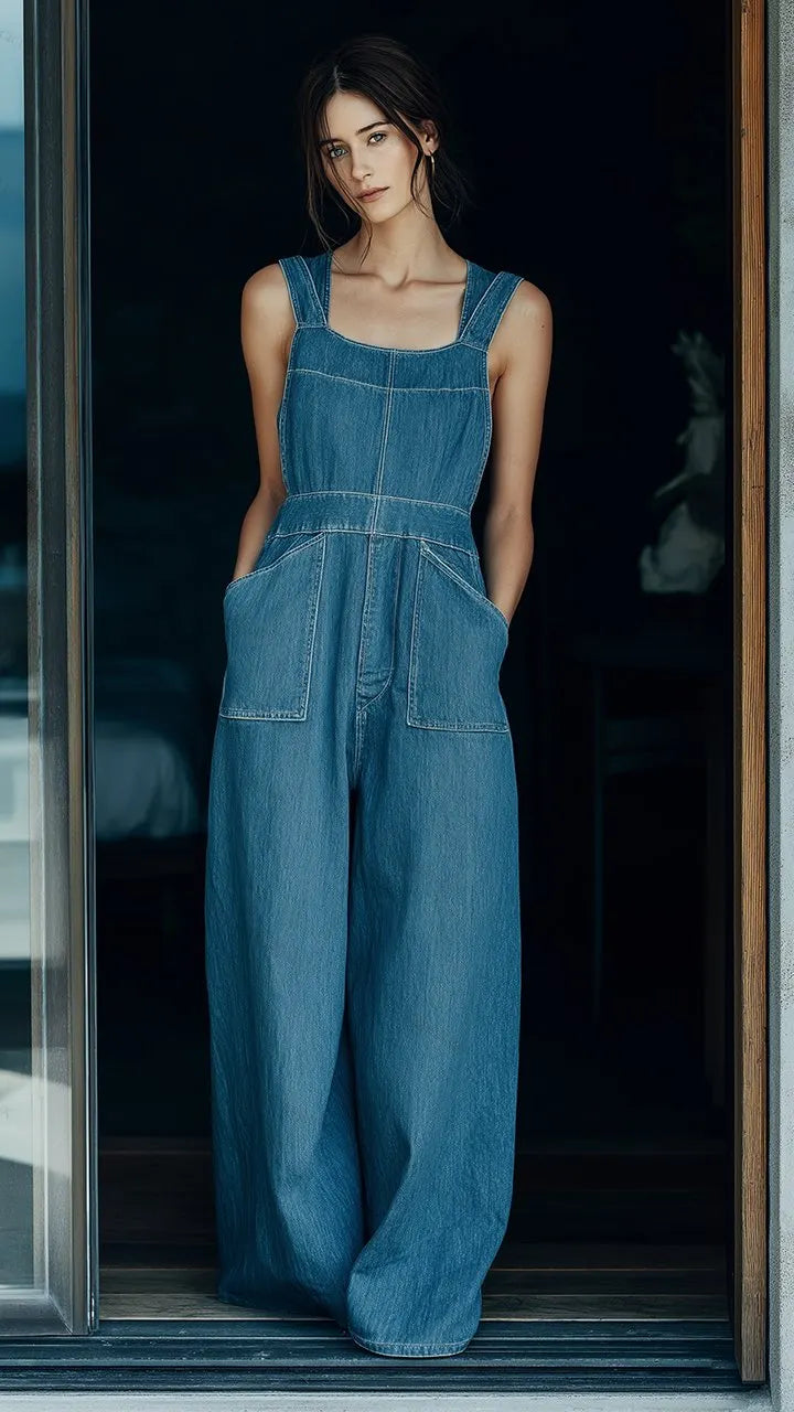 Women's Square-neck Sleeveless Denim Wide-leg Overall Jumpsuit