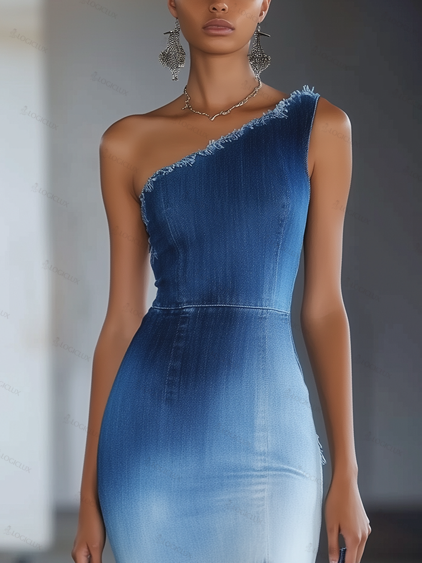 Shipping One Shoulder With Irregular Bottom Denim Midi Dress