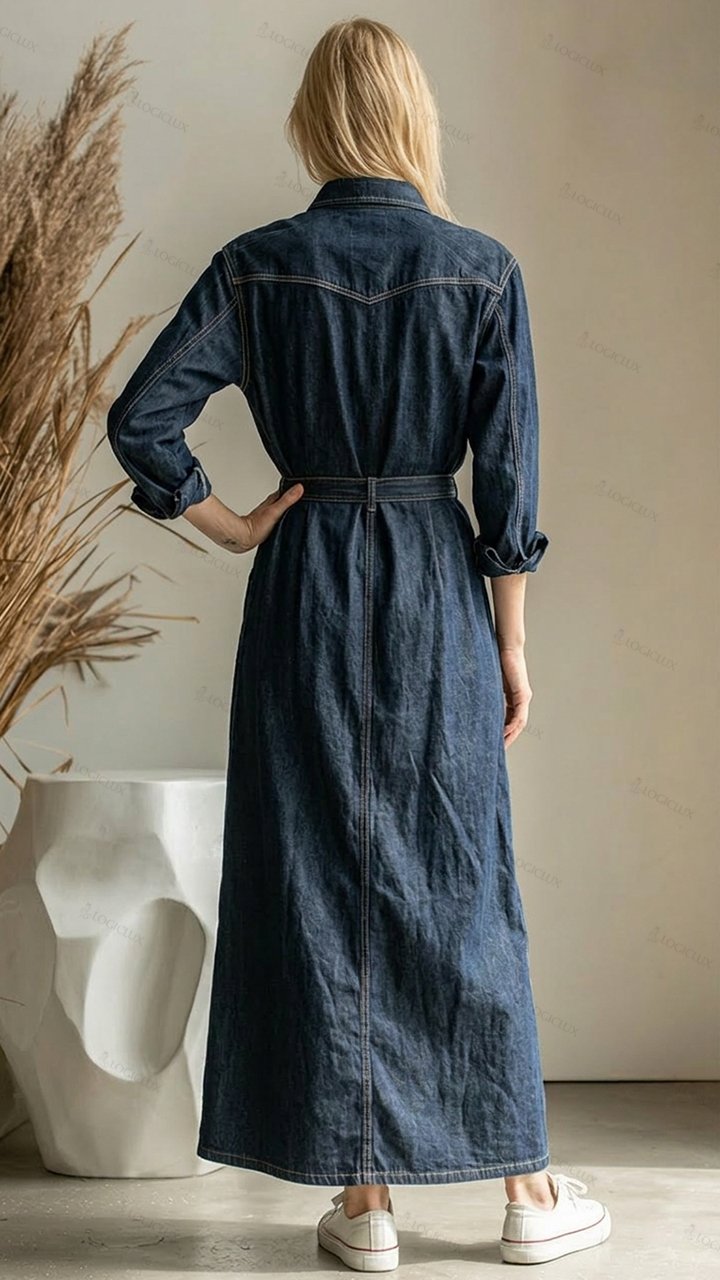 Women's Turn-down Collar Cinched-waist Denim Maxi Shirt Dress with Pockets
