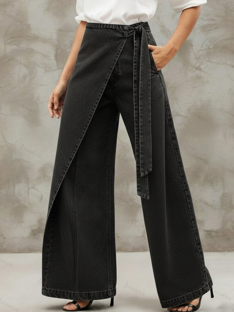 Stylish Elegant Wrap-around Faux Two-piece Denim Pants