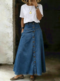 Women's High-waisted Button-front A-line Denim Maxi Skirt