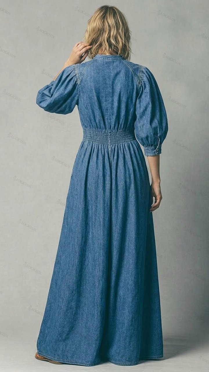 Women's Stand-collar Puff-sleeve Denim Maxi Dress