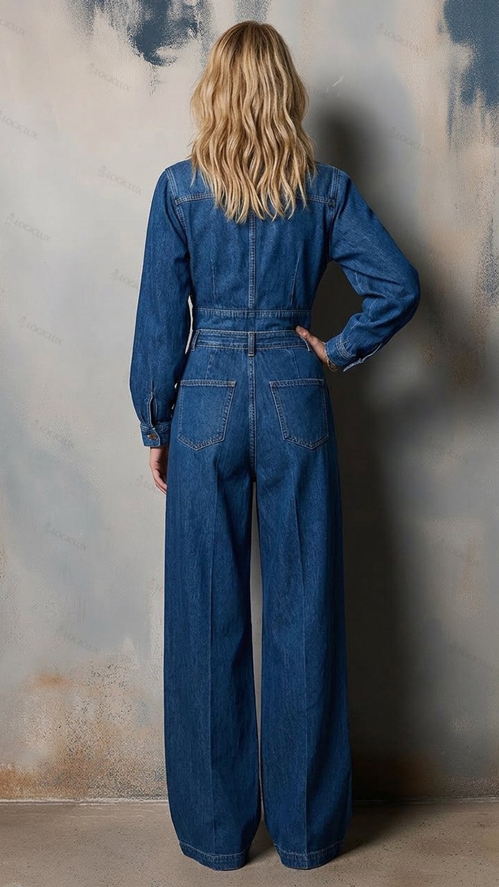 Women's Turn-down Collar Cinched-waist Denim Wide-leg Jumpsuit