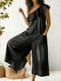 Women's Casual Off-the-shoulder Ruffled Denim Cotton Jumpsuit